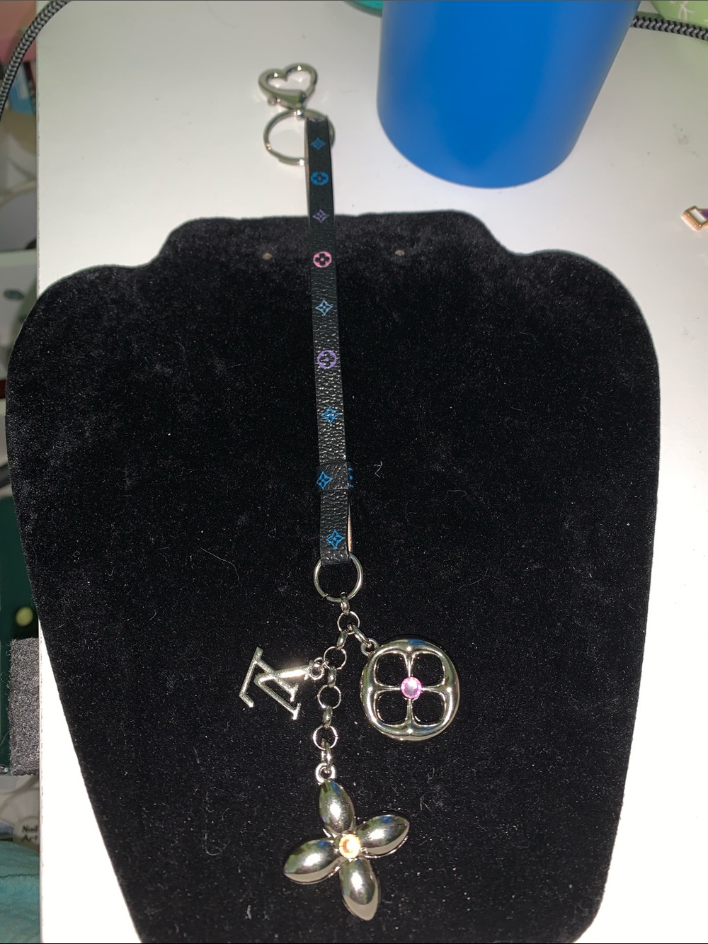 Upcycled Leather Strap bag charm keychain with silver LV charms